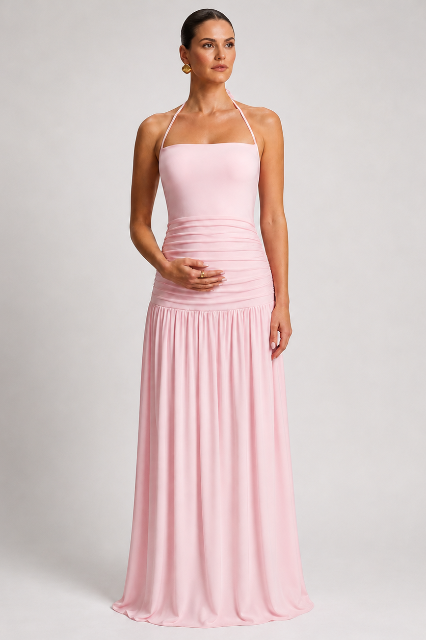 Rochie lungă de maternitate cu gât halter plisată