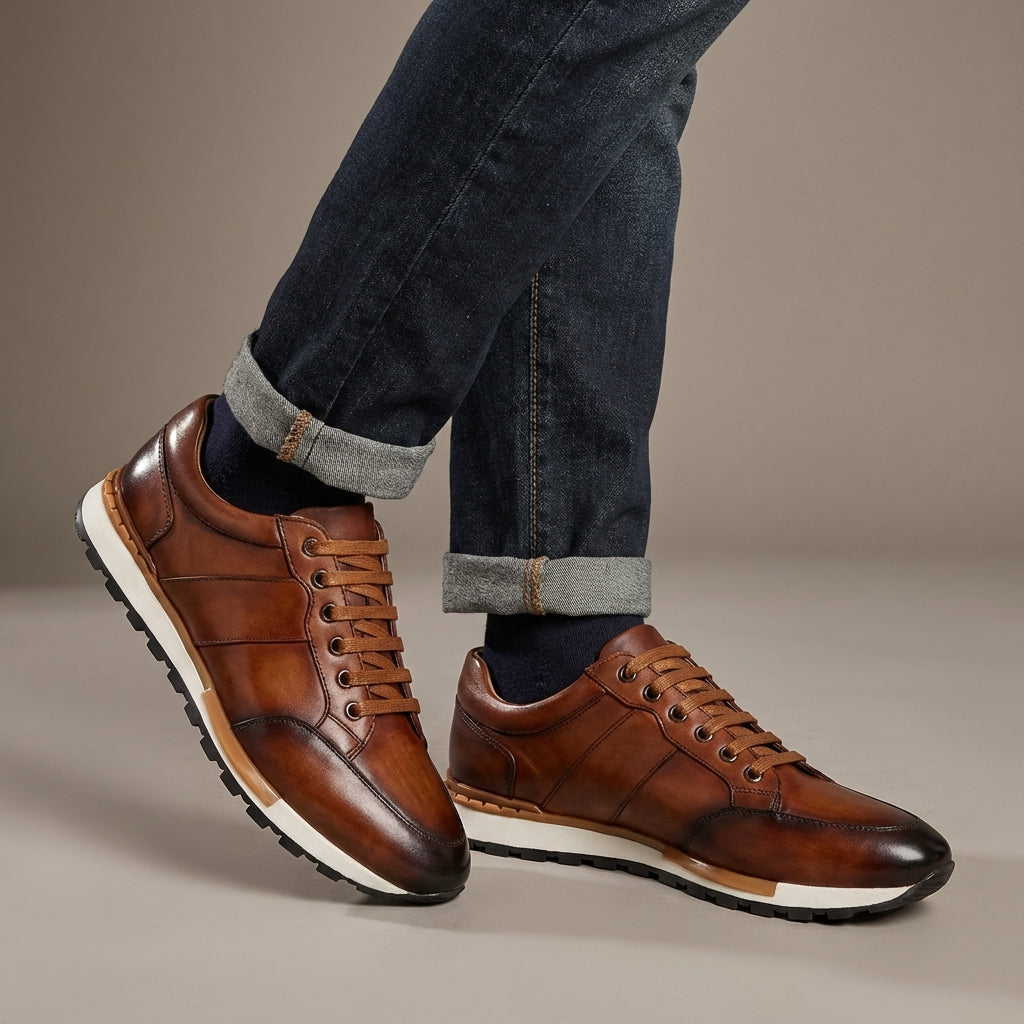 Pantofi sport din piele naturală pentru bărbați cu șireturi și talpă de cauciuc antiderapantă