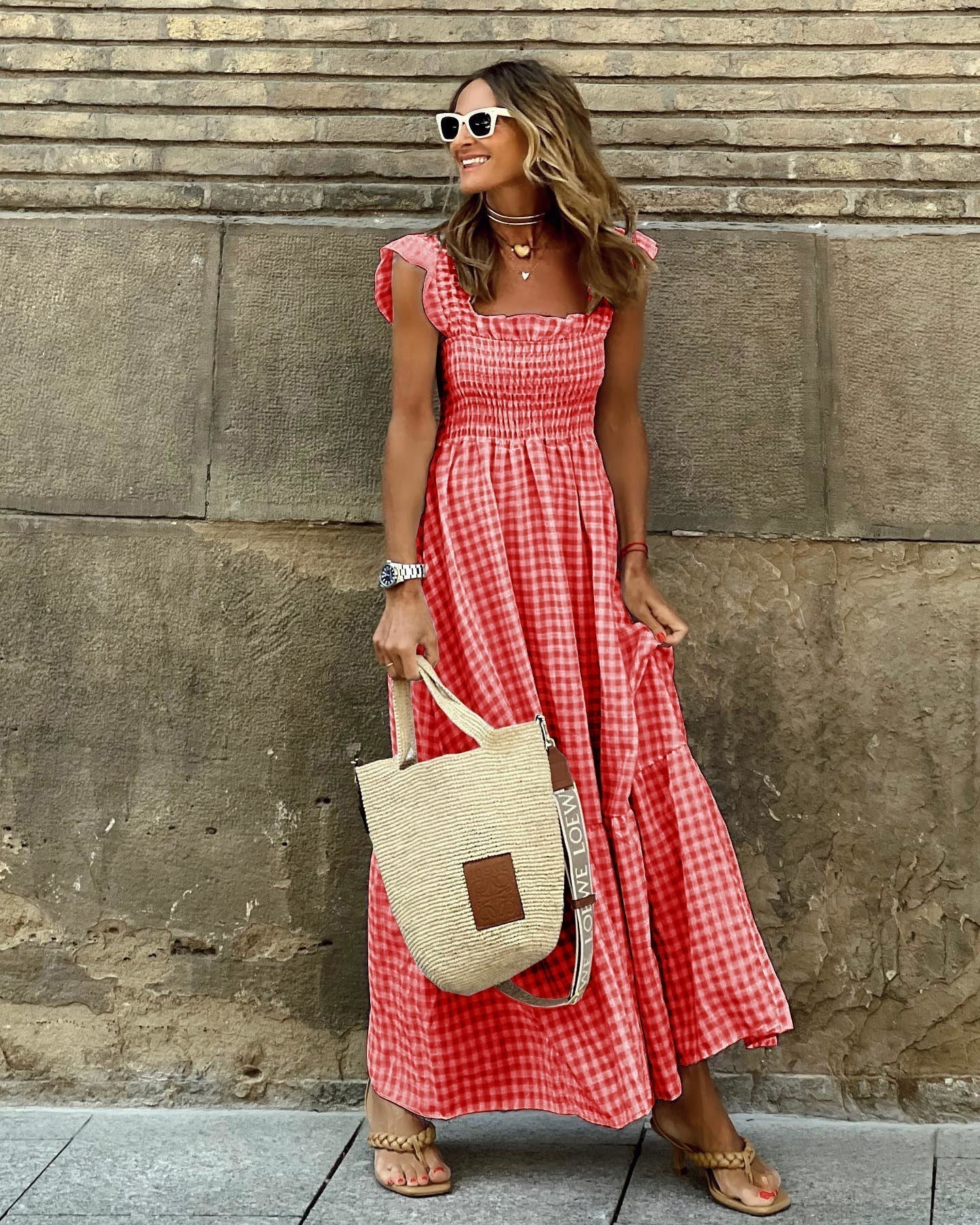 Long checkered dress | midi dress with ruched bodice
