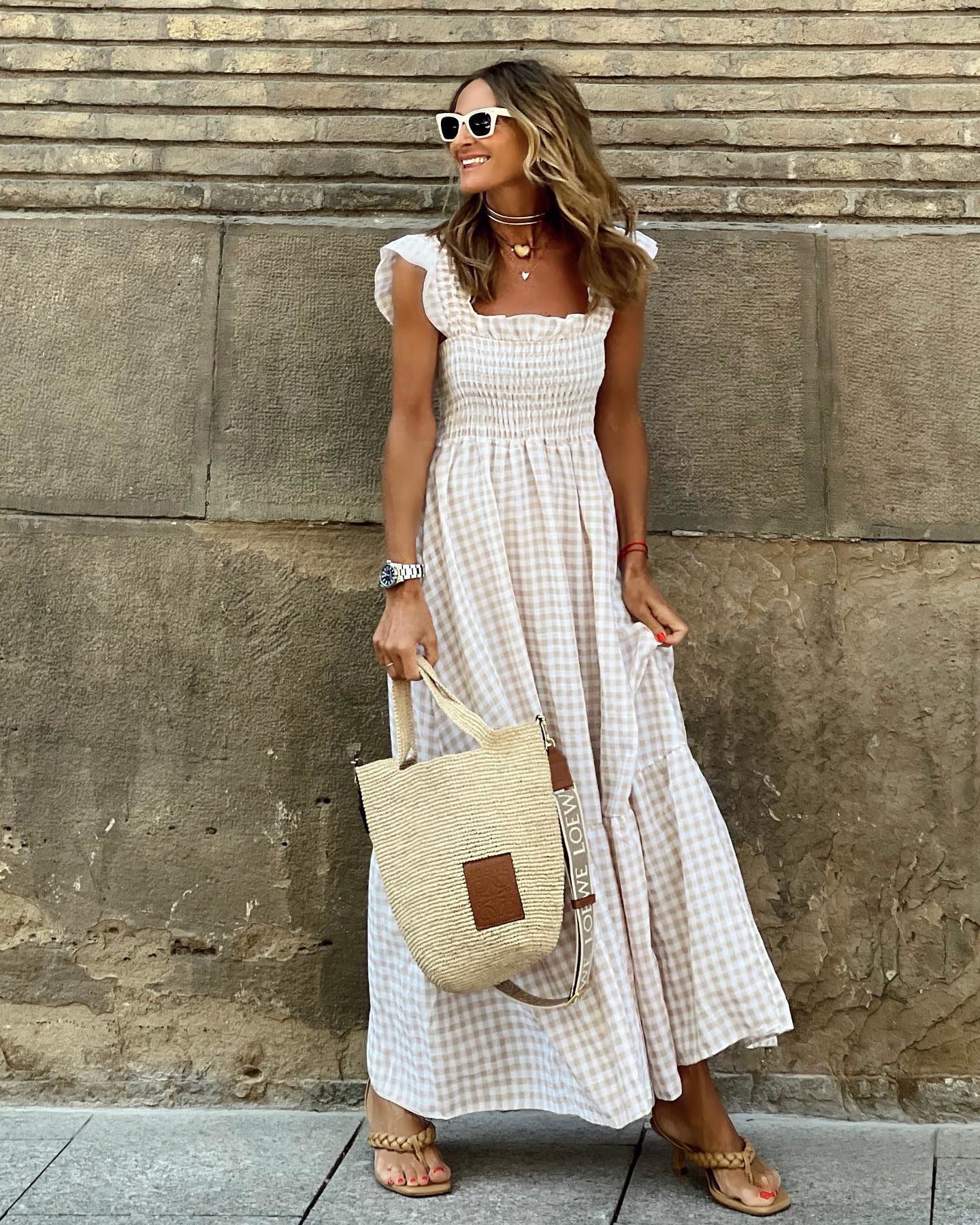 Long checkered dress | midi dress with ruched bodice