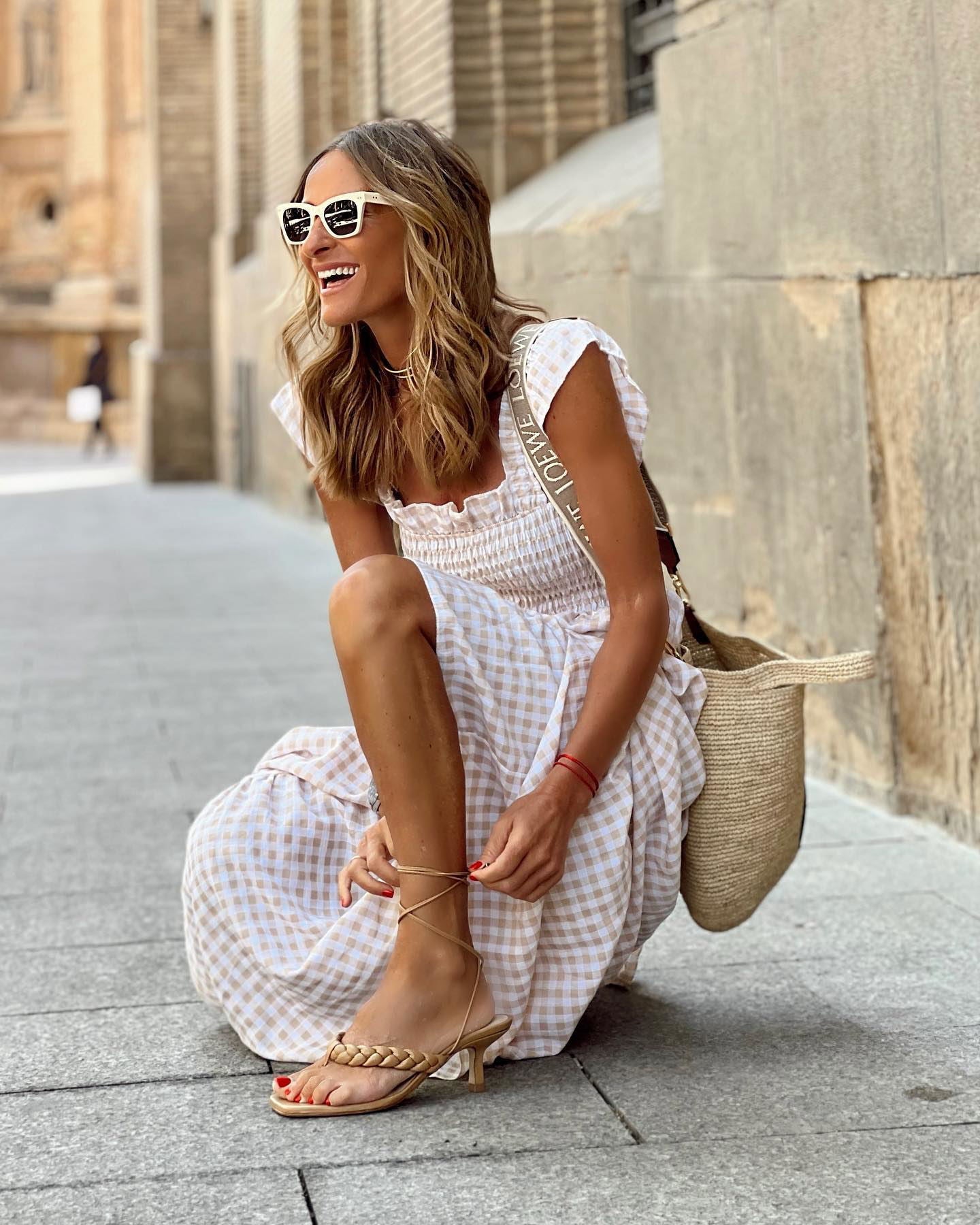 Long checkered dress | midi dress with ruched bodice