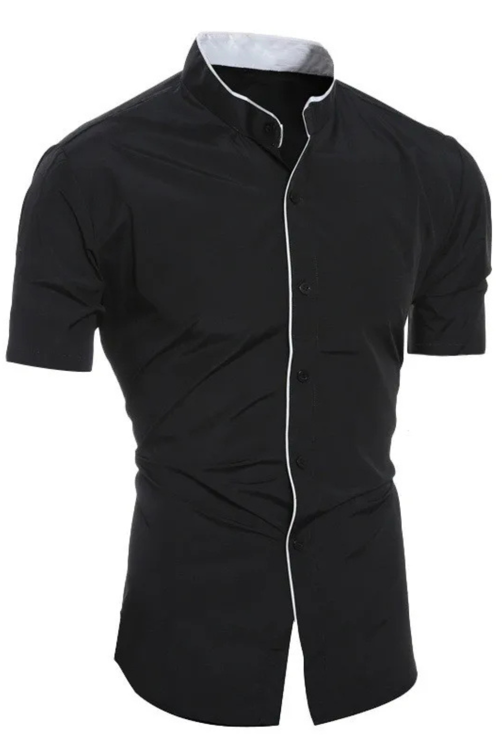 Cămașă bărbătească cu mânecă scurtă, croială ajustată, guler Mao și bordură contrastantă