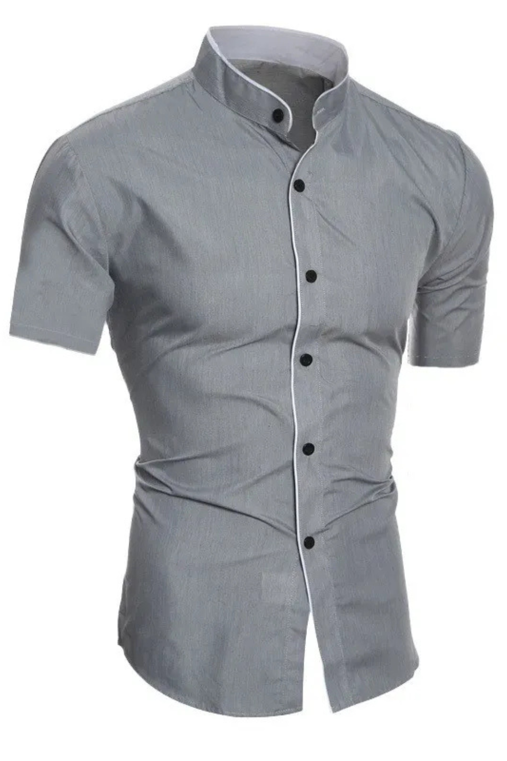 Men's Slim Fit Short Sleeve Shirt with Mandarin Collar and Contrast Trim