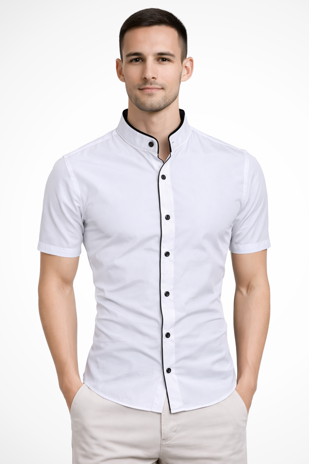 Men's Slim Fit Short Sleeve Shirt with Mandarin Collar and Contrast Trim