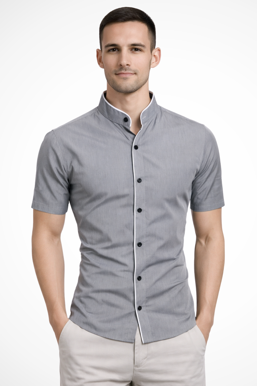 Men's Slim Fit Short Sleeve Shirt with Mandarin Collar and Contrast Trim