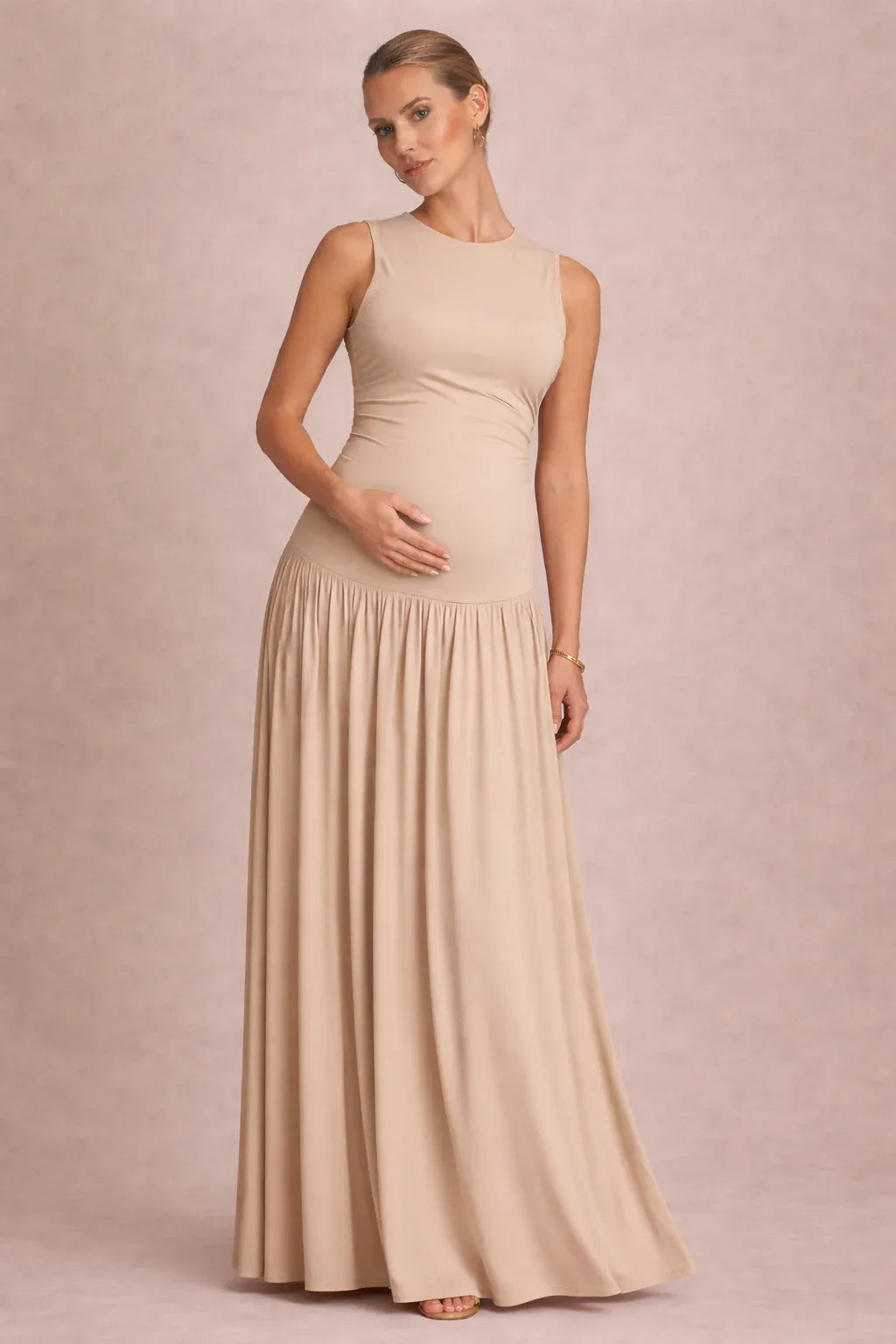 Rochie lungă elegantă de maternitate fără mâneci