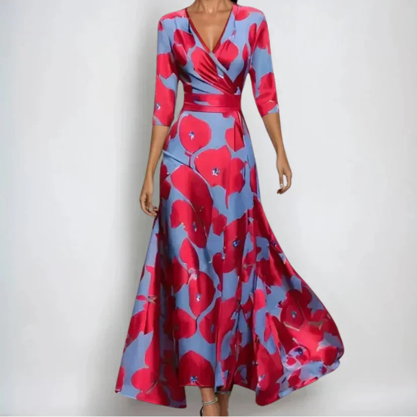Long Dress for Women with V-Neck and Long Sleeve Floral Print