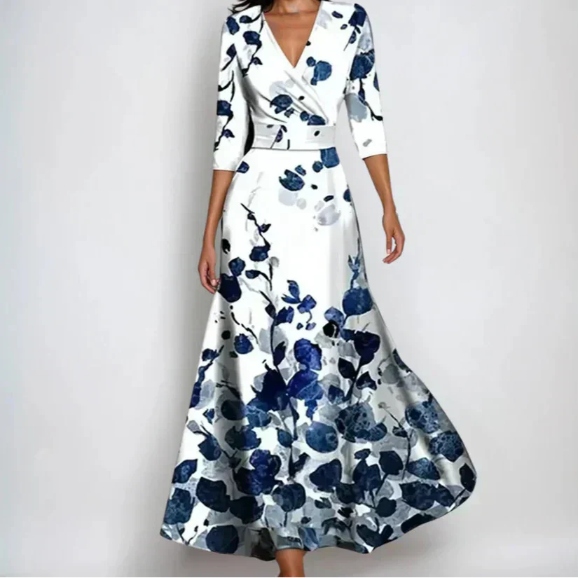 Long Dress for Women with V-Neck and Long Sleeve Floral Print