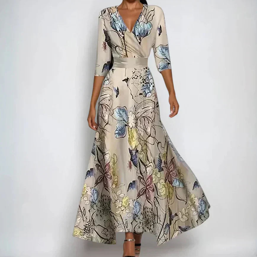 Long Dress for Women with V-Neck and Long Sleeve Floral Print