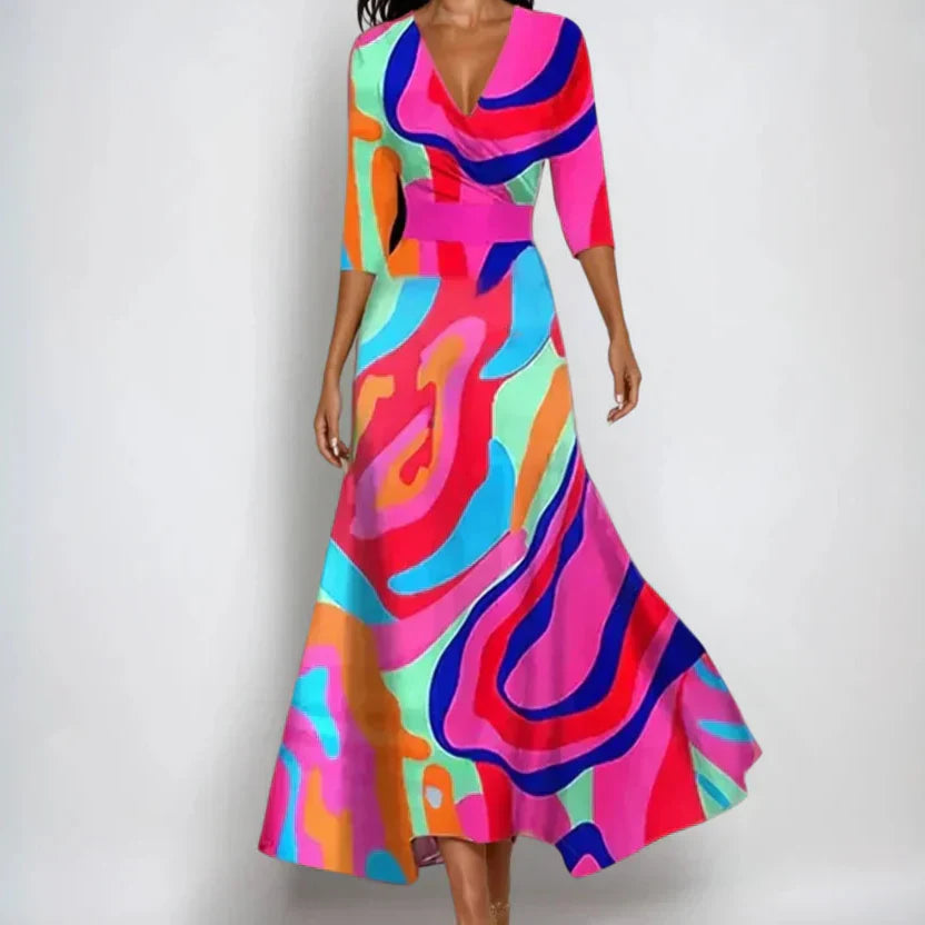 Long Dress for Women with V-Neck and Long Sleeve Floral Print