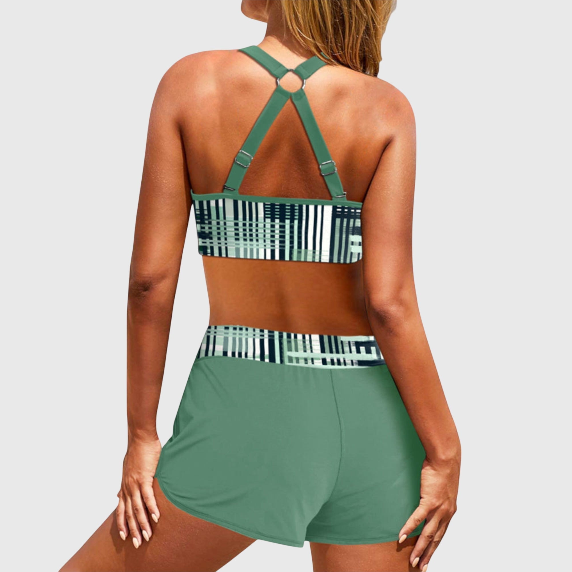 Bordázott magas derekú bikini | két részes fürdőruha szett strandhoz