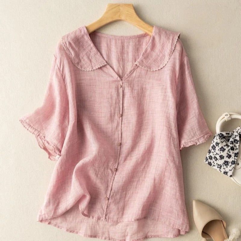 Blouse en lin style vintage avec col festonné et boutons pour femme
