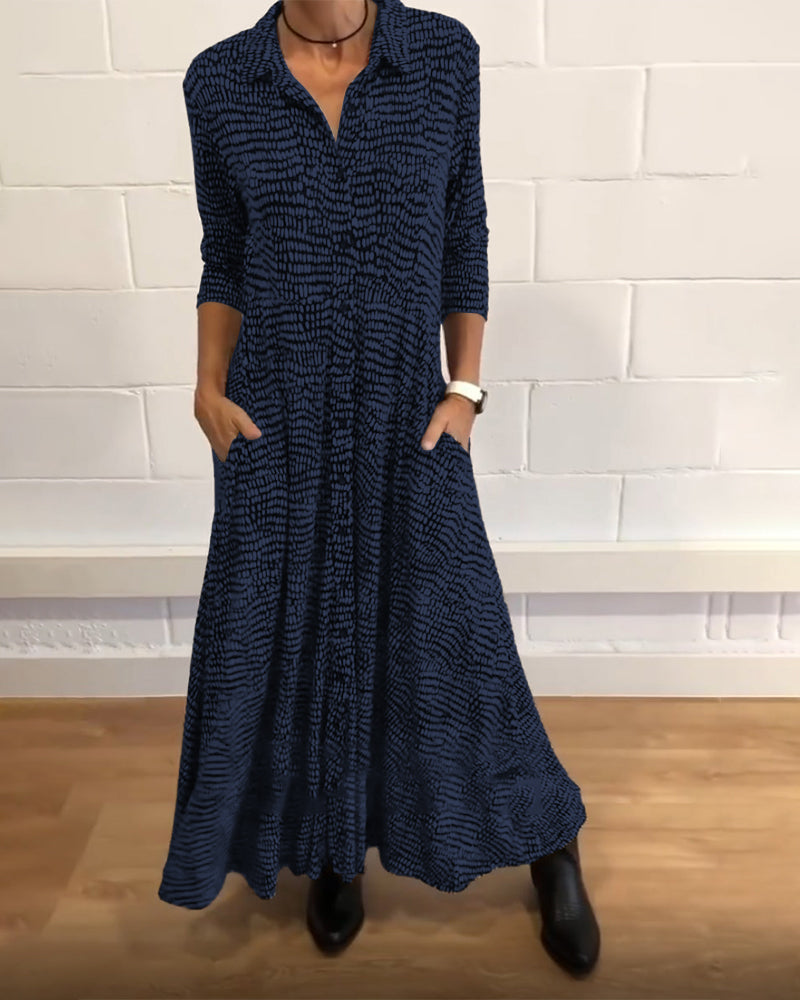Women's Midi Dress with Mid-Length Sleeves, Shirt Collar, and Side Pockets