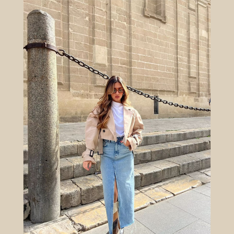 Gabardină scurtă pentru femei, jachetă croptă cu dublu rând de nasturi și curea