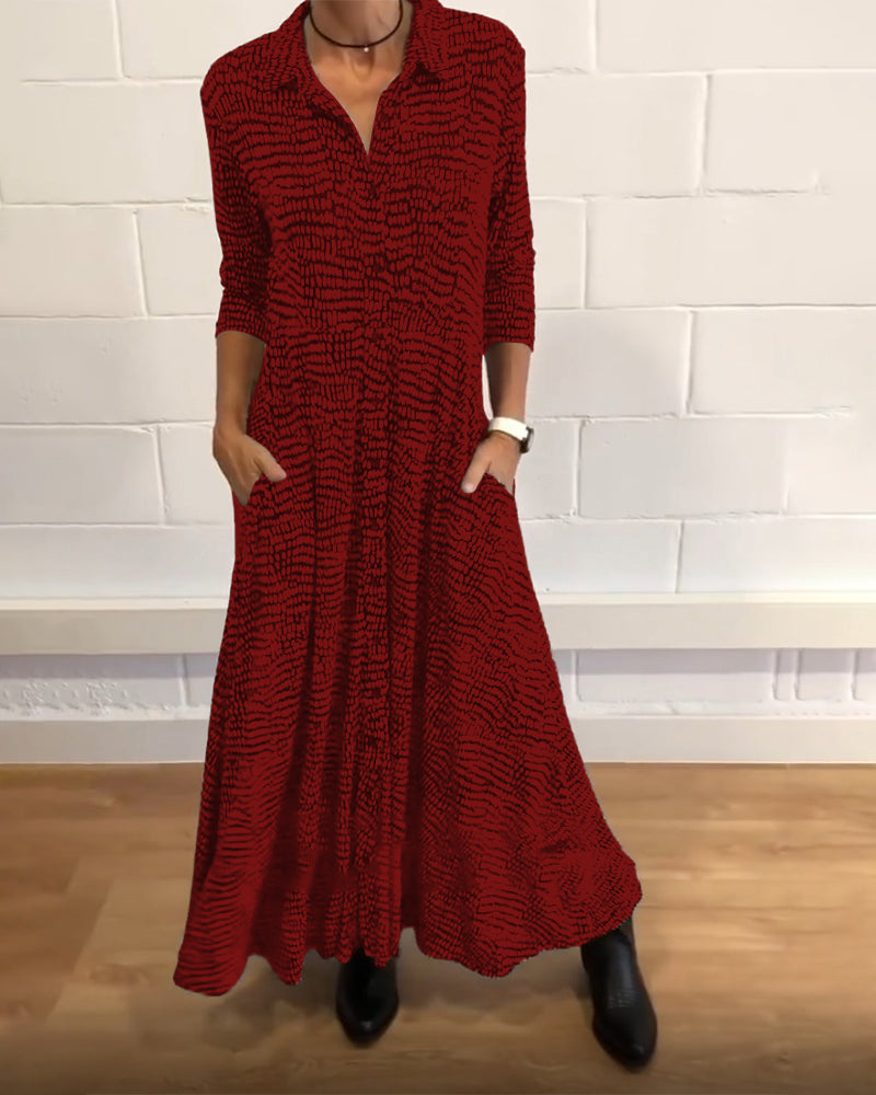 Women's Midi Dress with Mid-Length Sleeves, Shirt Collar, and Side Pockets