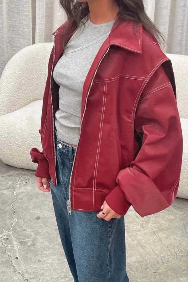 Oversize bomber bunda z umělé kůže s kontrastními švy