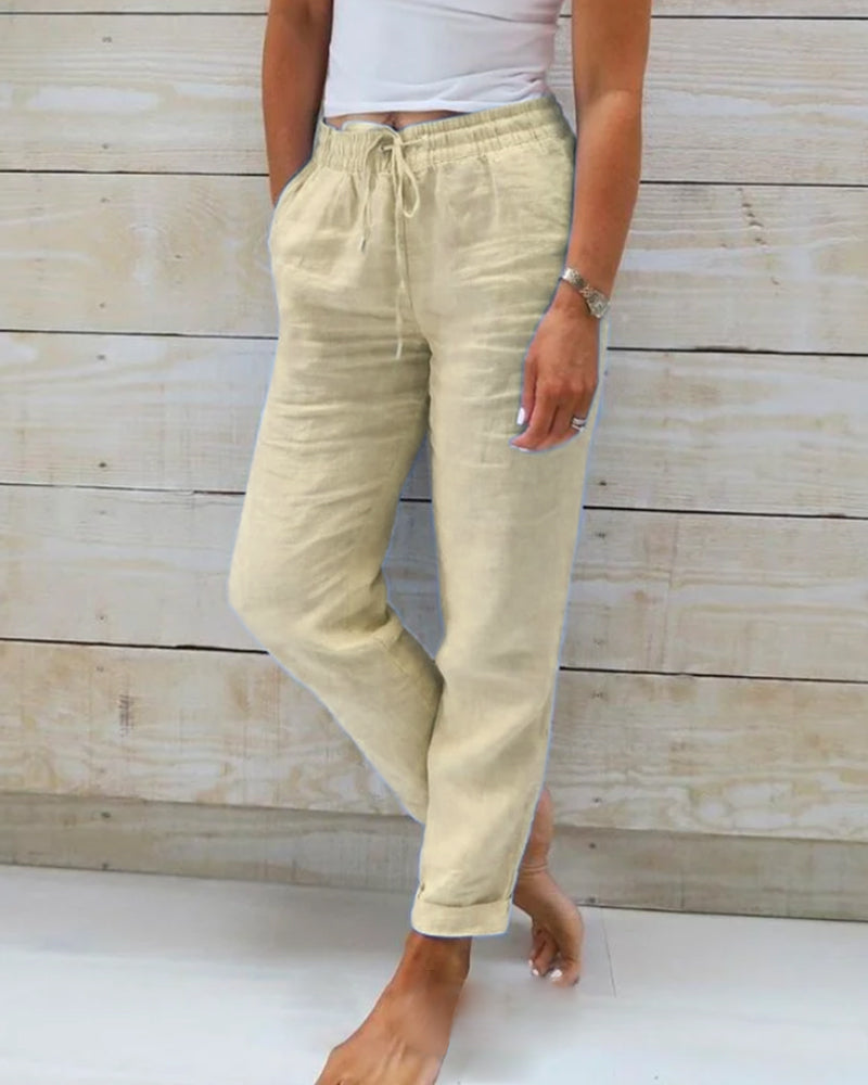 Pantaloni in Lino e Cotone con Vita Elastica e Coulisse da Donna