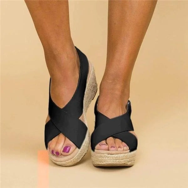 Sandale din piele cu platformă tip espadrile și barete încrucișate pentru femei