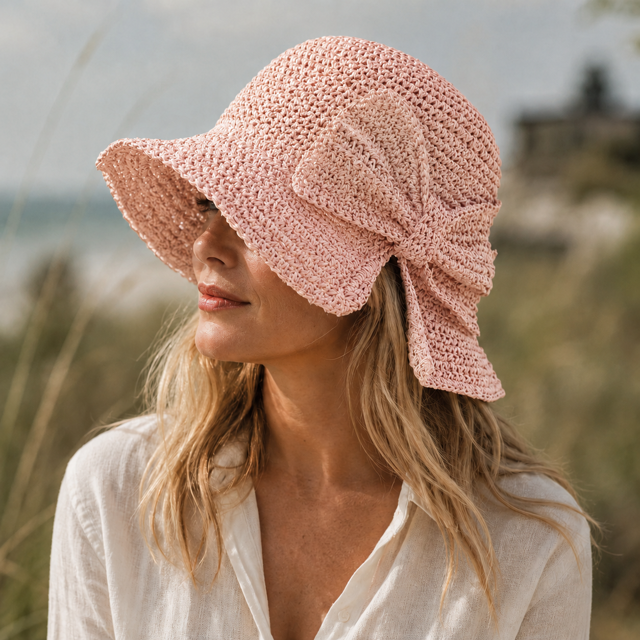 Women's bucket hat - short brim with bow - casual beach style
