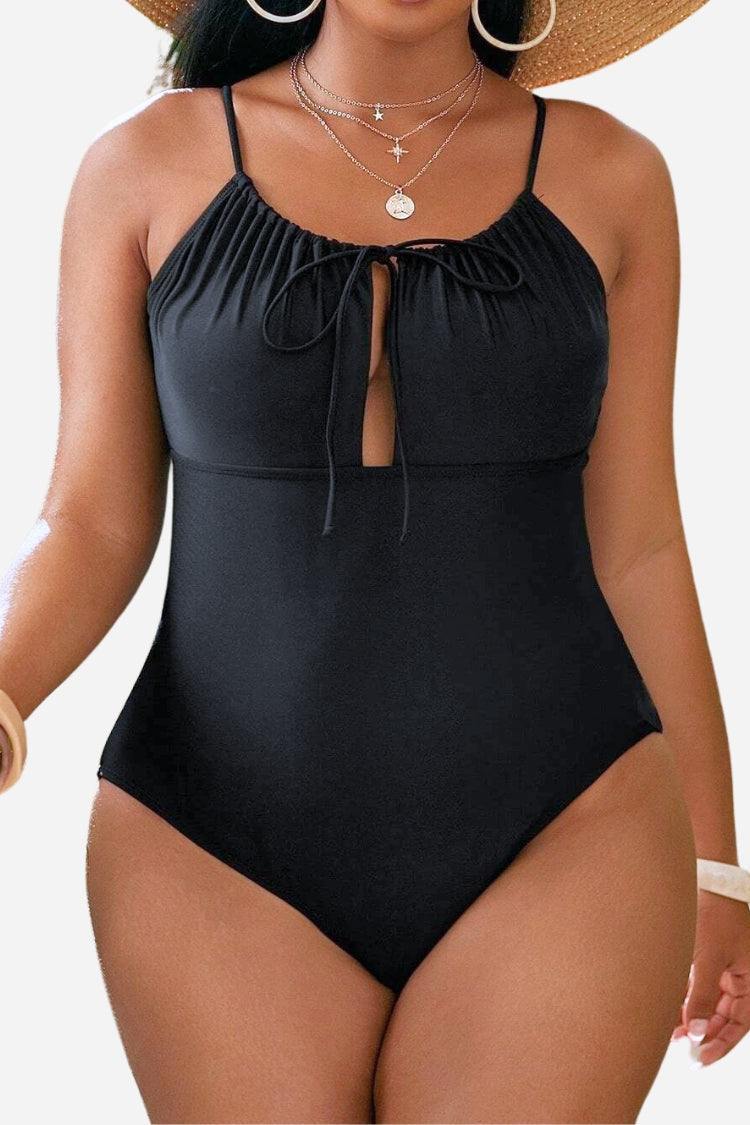 Plus Size One-Piece Swimsuit with Ruched Neckline and Front Slit