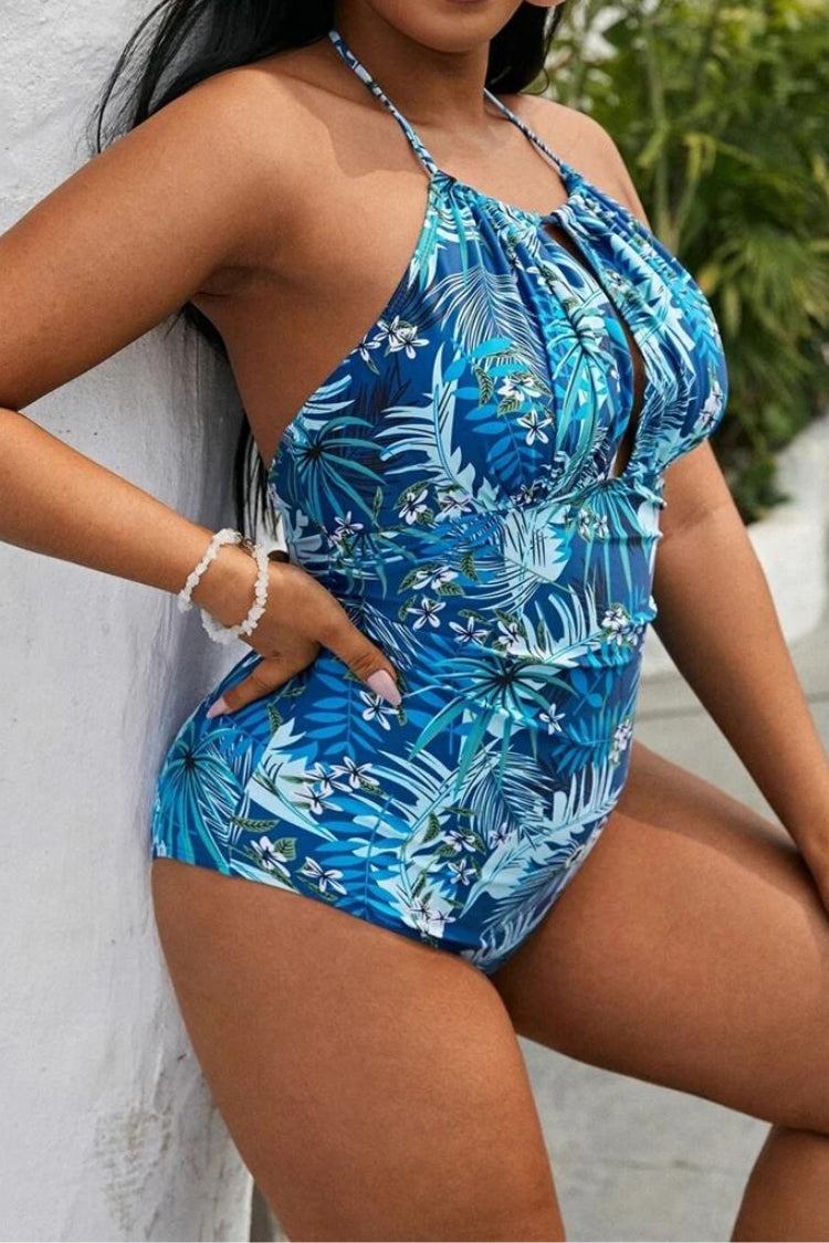 Plus Size One-Piece Swimsuit with Ruched Neckline and Front Slit