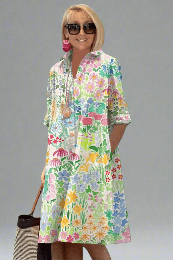 Robe longue évasée à imprimé floral avec décolleté en V pour femme