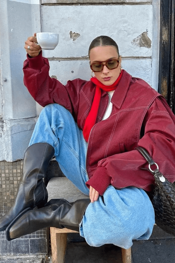 Oversize bomber bunda z umělé kůže s kontrastními švy