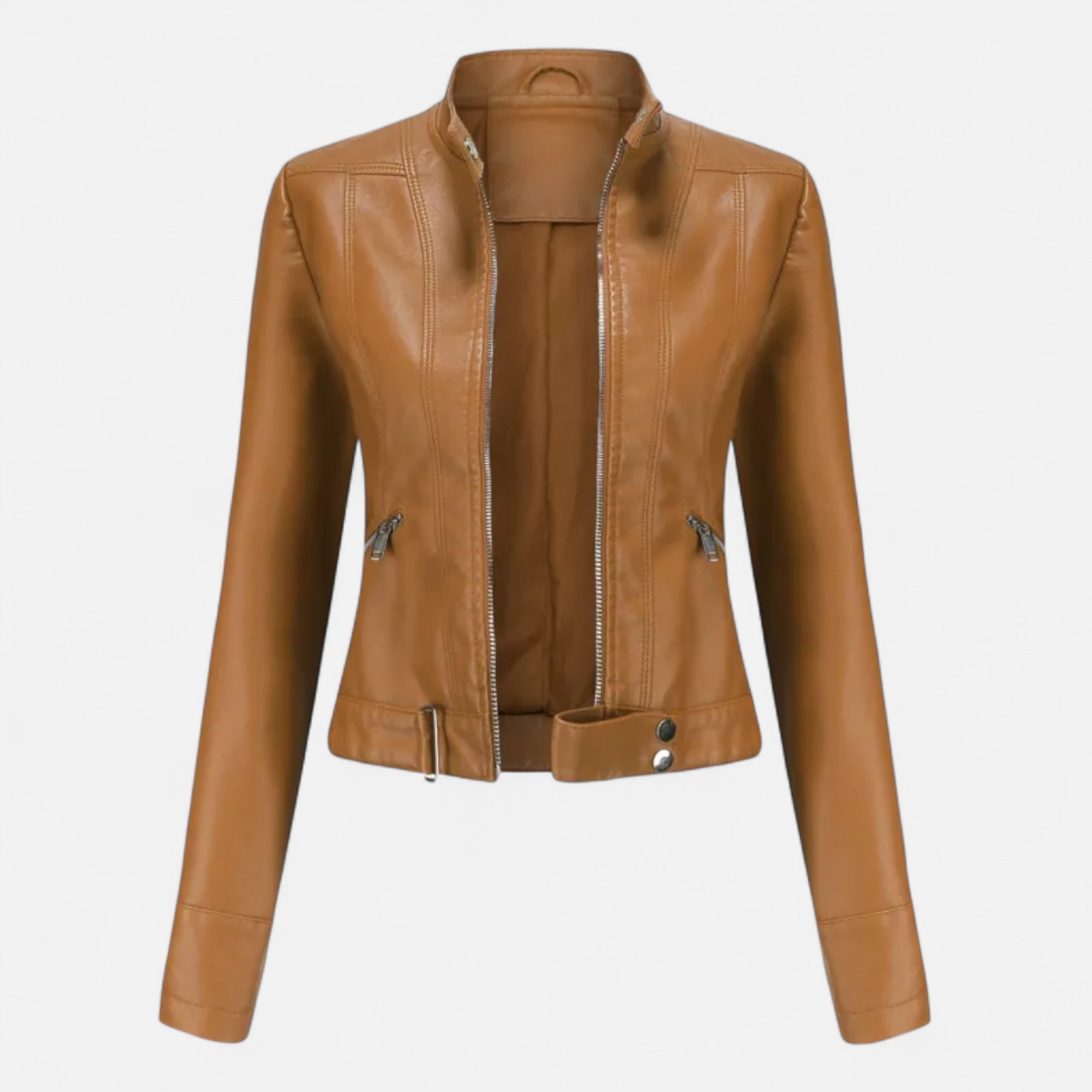Eliaro Moda | Chaqueta Corta Mujer Cuero PU Cuello Alto con Cinturón