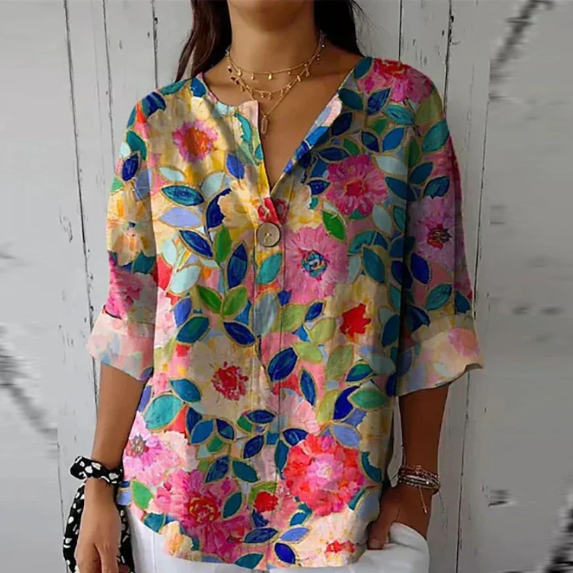 Blouse fleurie femme — manches 3/4 avec boutons — usage quotidien