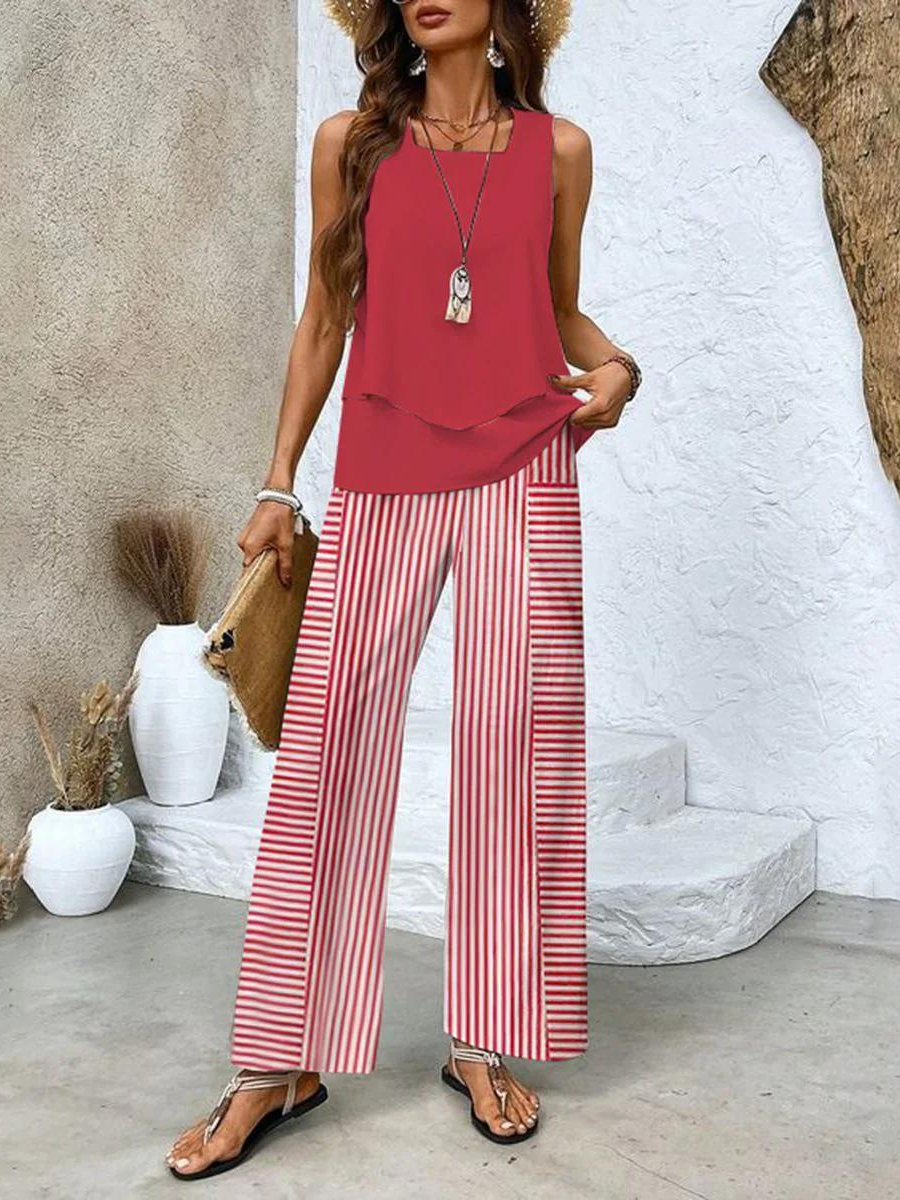 Two-Piece Set with Sleeveless Blouse and Wide-Leg Pants for Women