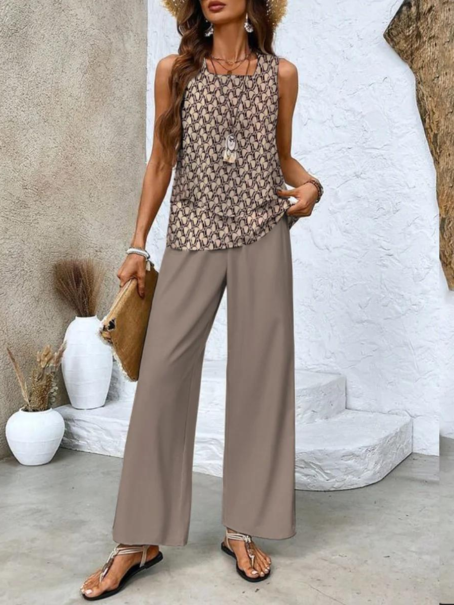 Two-Piece Set with Sleeveless Blouse and Wide-Leg Pants for Women