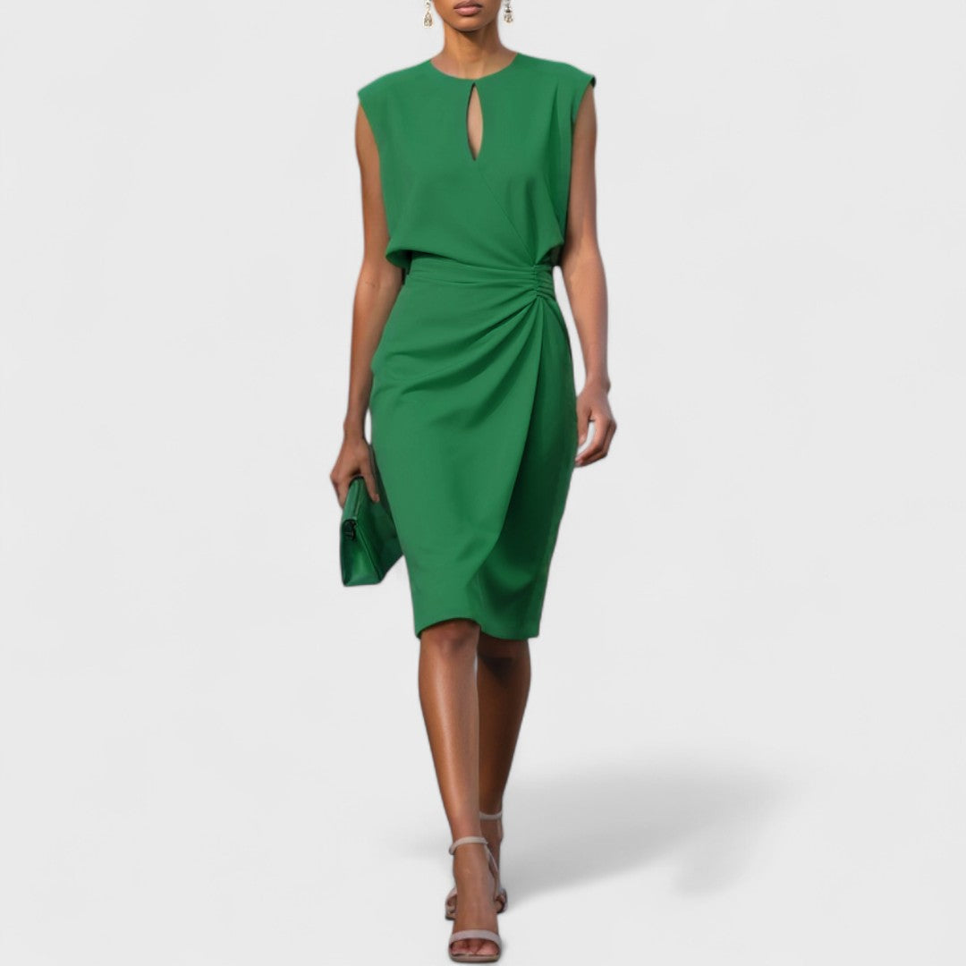 Midi Wrap Dress with Side Pleats and Round Neck for Women