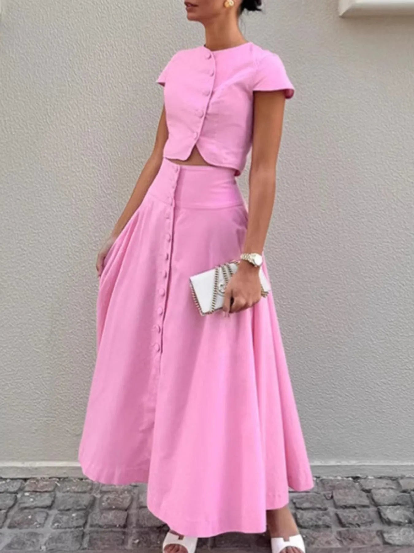 Conjunto de Dos Piezas para Mujer con Top Manga Corta y Falda Larga con Botones