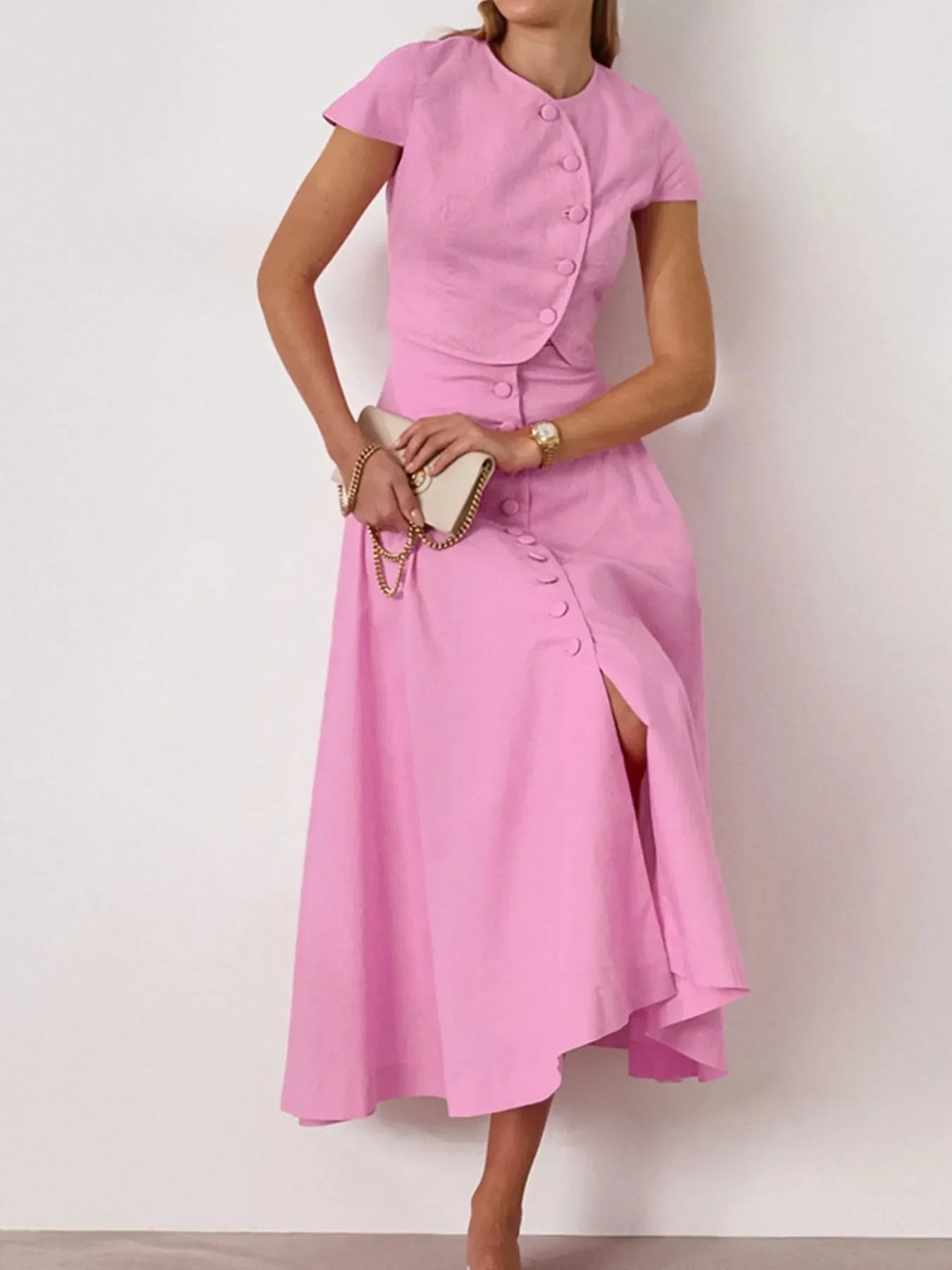 Conjunto de Dos Piezas para Mujer con Top Manga Corta y Falda Larga con Botones