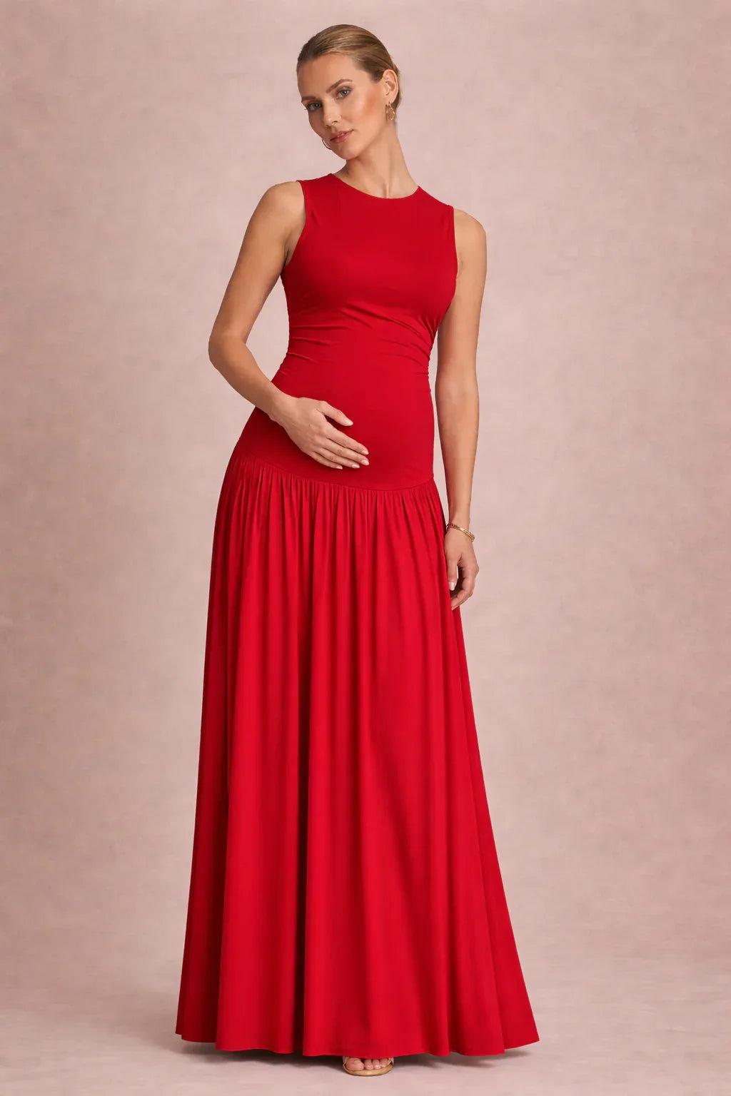 Rochie lungă elegantă de maternitate fără mâneci