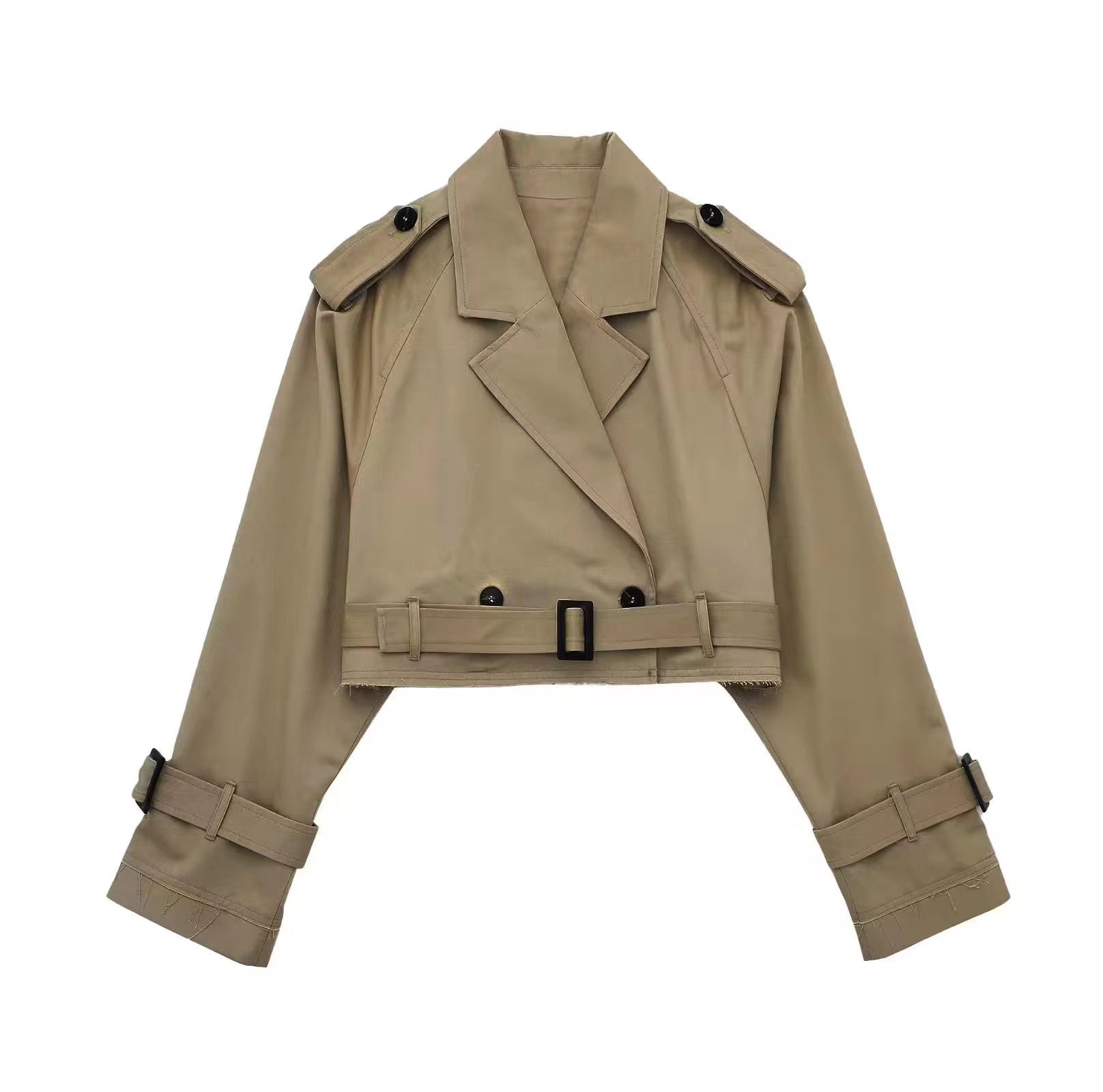 Short Trench Jacket with Classic Lapels and Shoulder Epaulets for Women