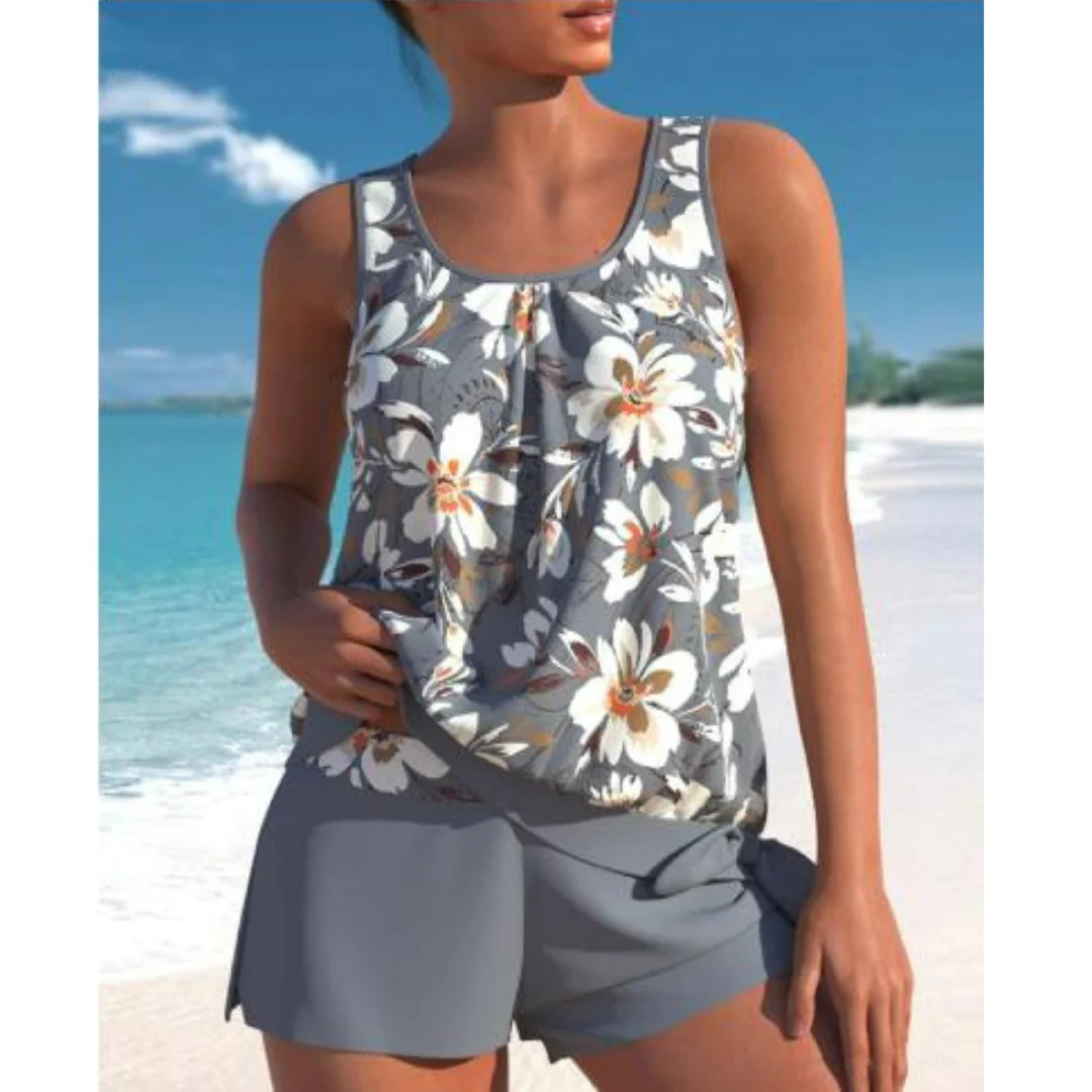 Maillot tankini deux pièces à imprimé floral avec pantalon couvrant intégralement
