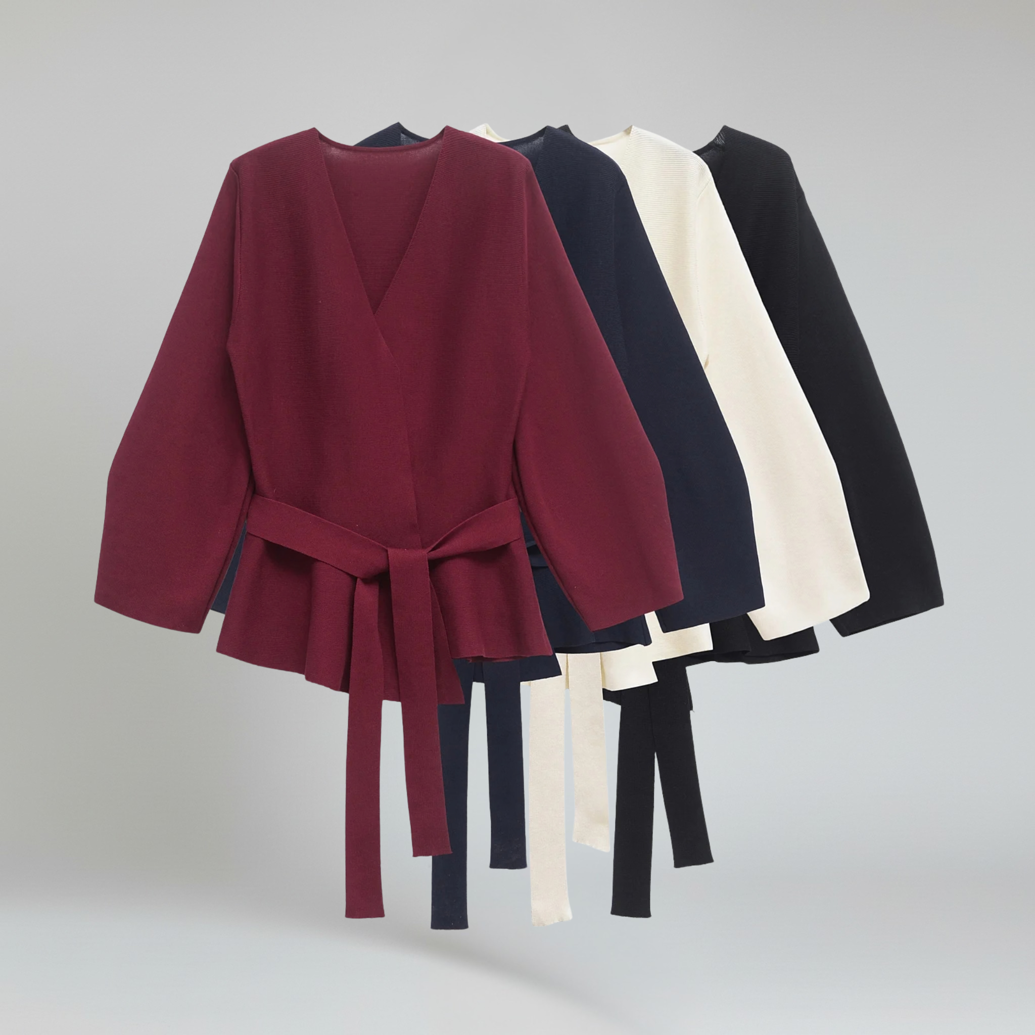 Women's Knit Blazer with Belt and Shoulder Pads with V-Neck