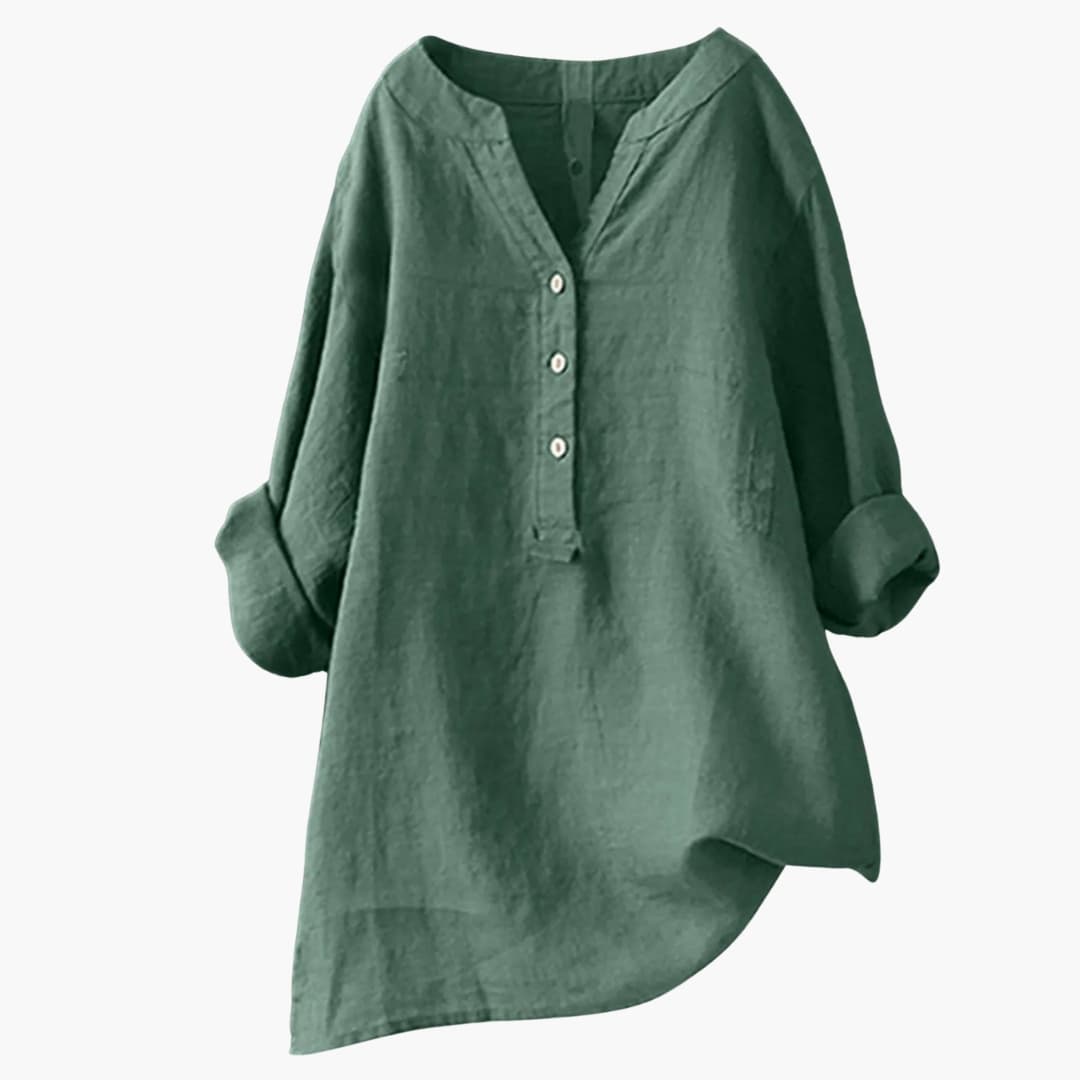 Blusa in lino da donna a manica lunga con scollo a V e bottoni casual ampia