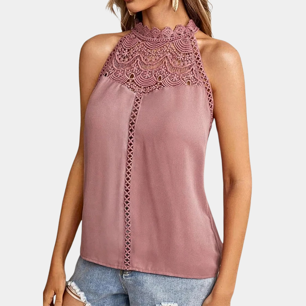 Blusa halter con dettaglio in pizzo | top senza maniche per uso quotidiano