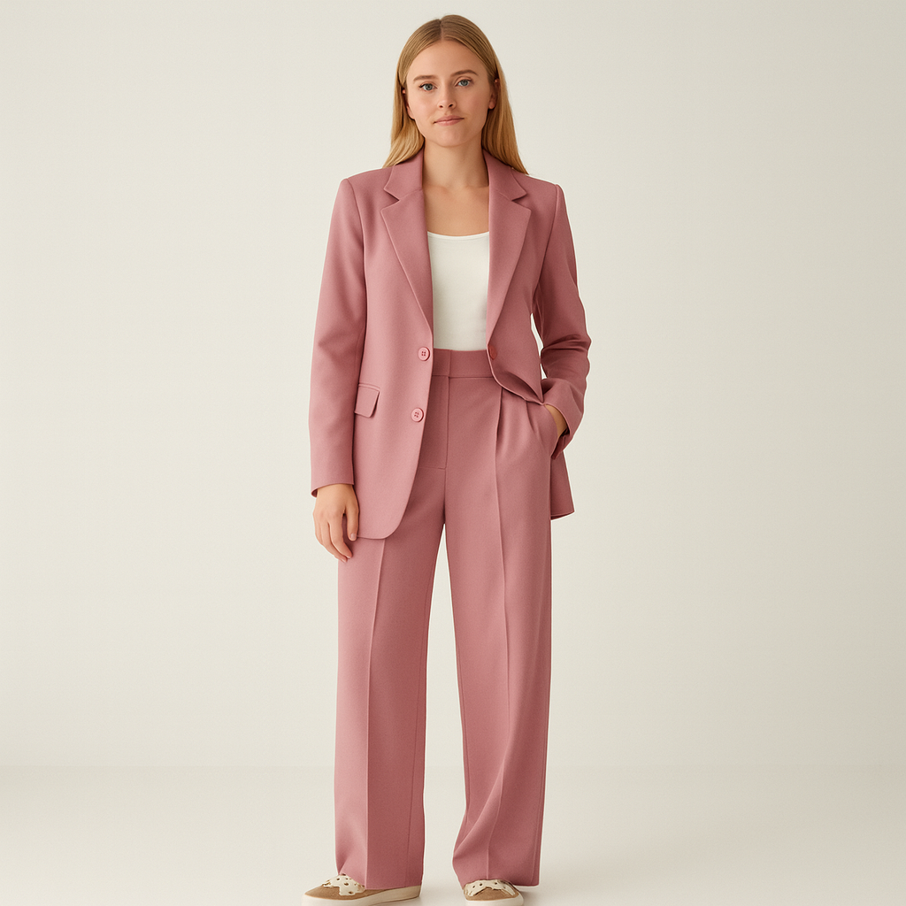 Costum de pantaloni pentru femei din două piese cu sacou cu rever și croială dreaptă