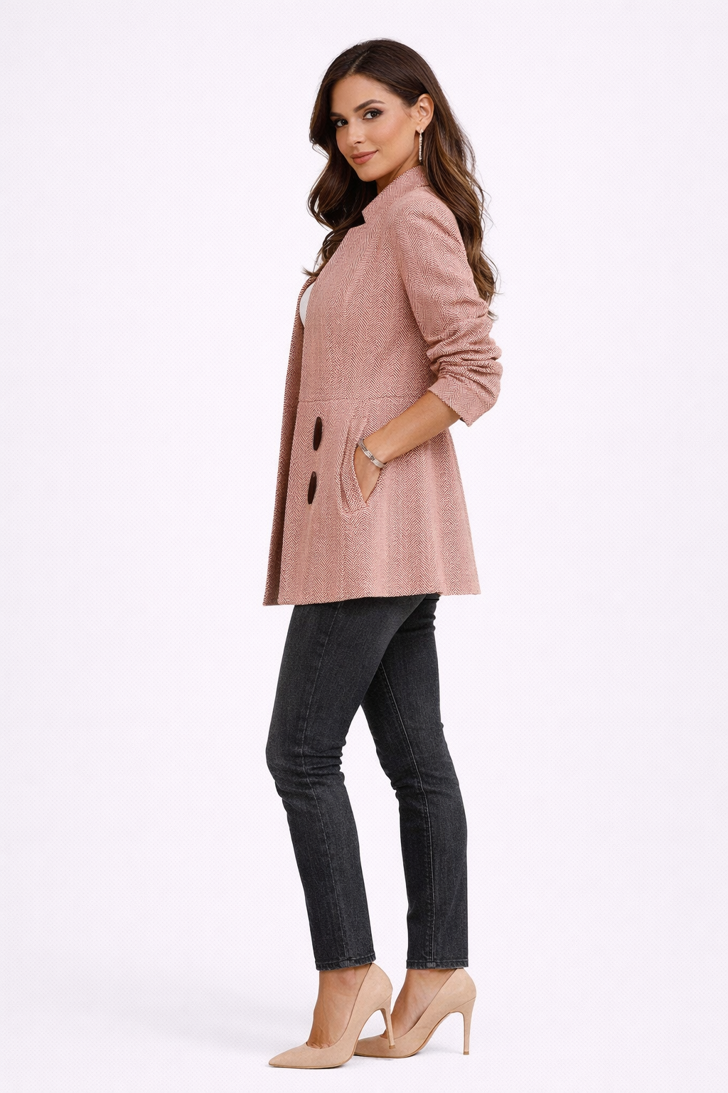 Blazer Lungo Slim con Struttura a Spina di Pesce e Rever Incisi per Donna