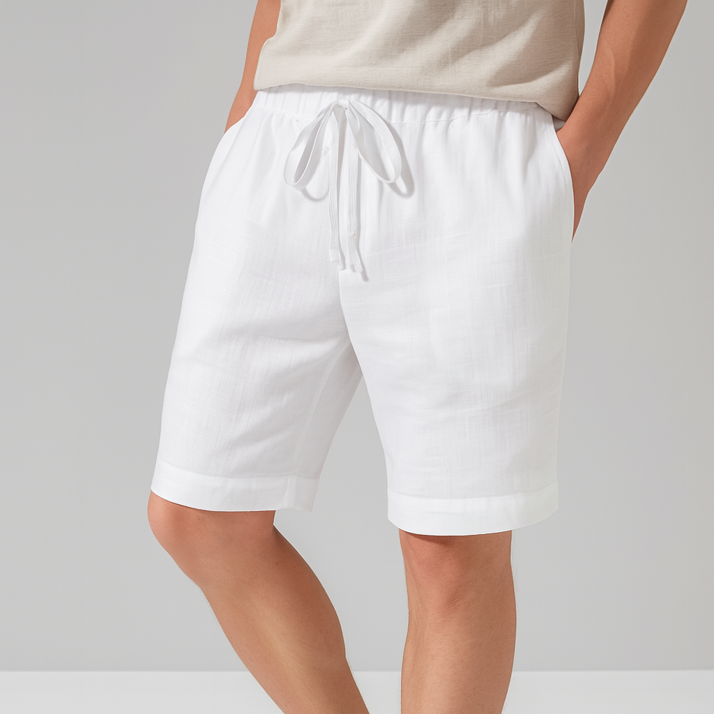 Pantaloni scurți de in pentru bărbați cu șnur ajustabil și buzunare laterale