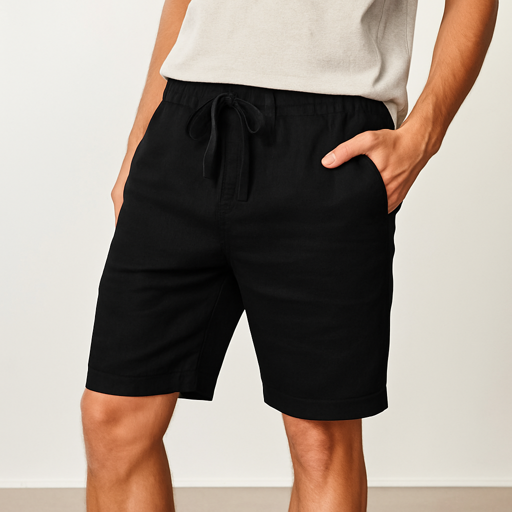 Pantaloni scurți de in pentru bărbați cu șnur ajustabil și buzunare laterale