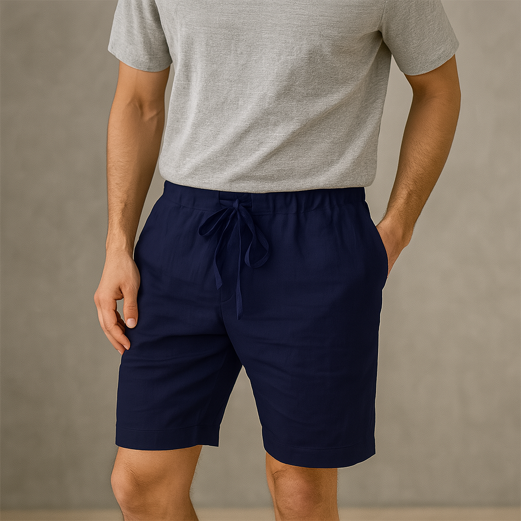 Pantaloni scurți de in pentru bărbați cu șnur ajustabil și buzunare laterale