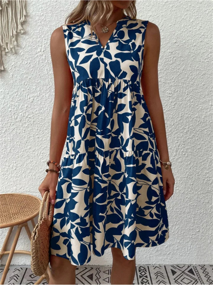 Vestito midi donna con stampa floreale, senza maniche, scollo a V
