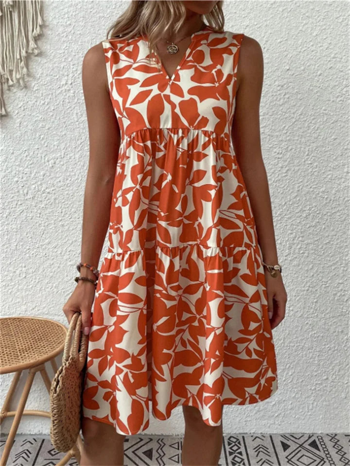 Vestito midi donna con stampa floreale, senza maniche, scollo a V
