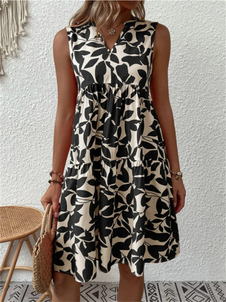Vestito midi donna con stampa floreale, senza maniche, scollo a V