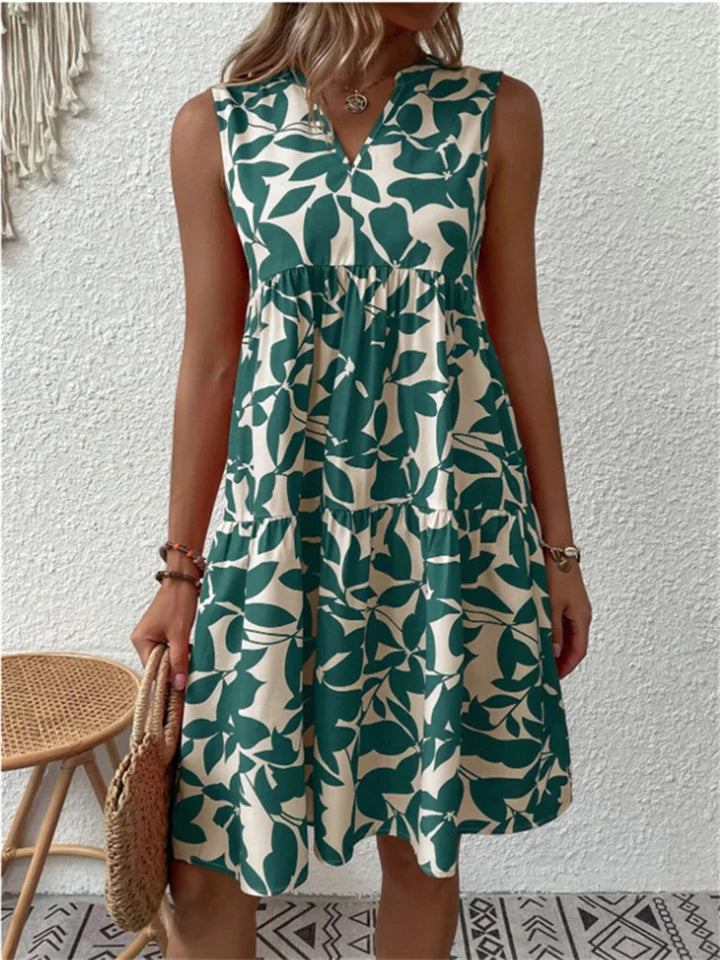 Vestito midi donna con stampa floreale, senza maniche, scollo a V