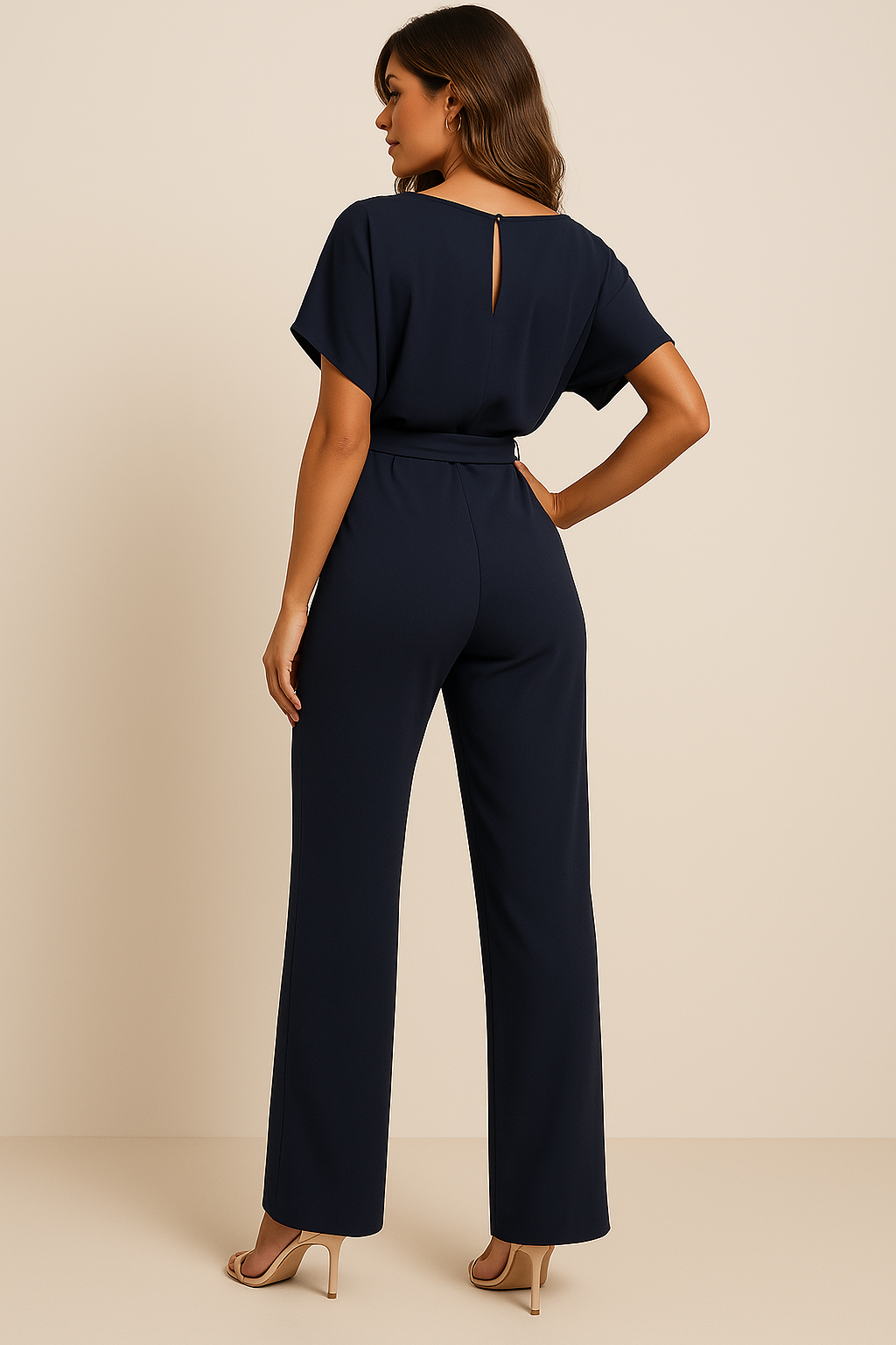Salopetă cu Pantalon Larg pentru Femei cu Centură și Mâneci Scurte Stil Kimono
